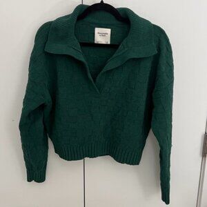 Abercrombie & Fitch Green Checkerboard Stitch Notch-Neck Sweater